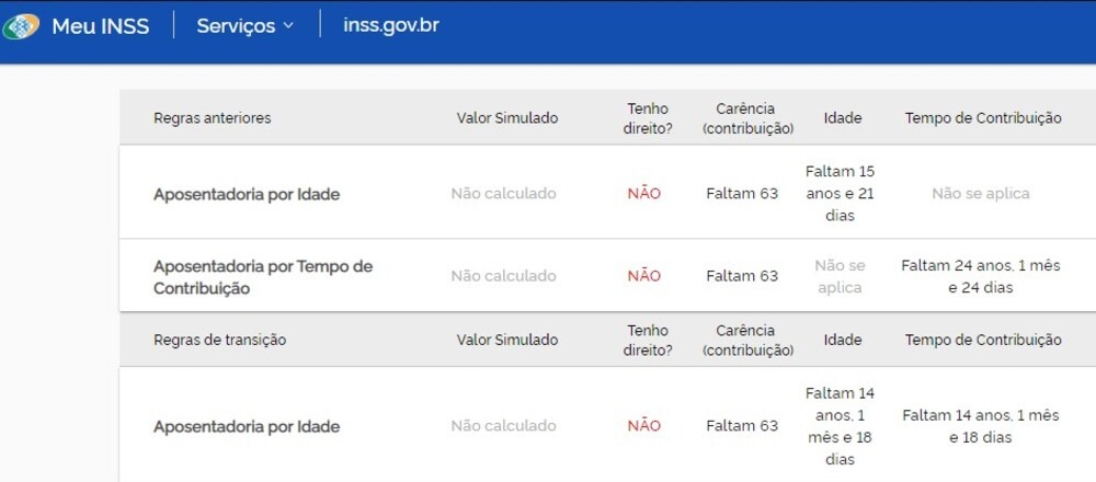página do simulador de aposentadoria INSS