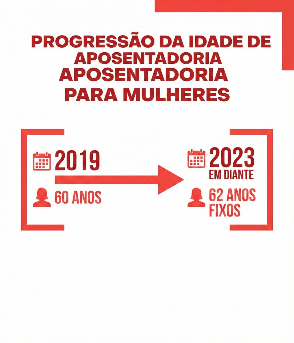 Infográfico com progressão da idade de aposentadoria para mulheres, entre 2019 e de 2023 em diante.