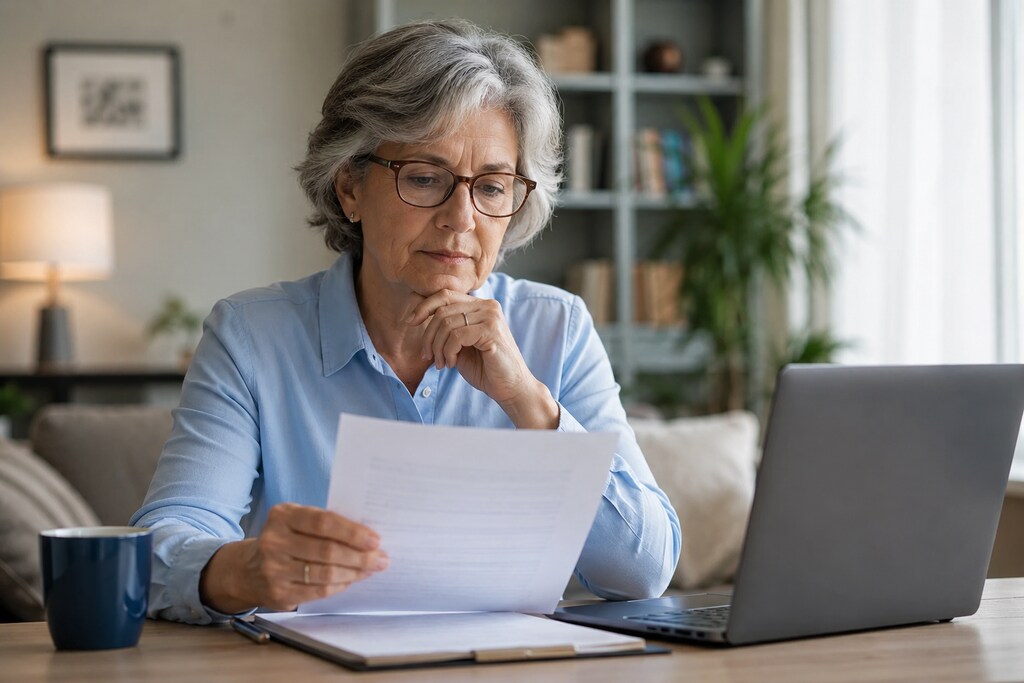 Mulher analisando documentos sobre isenção de imposto de renda doença grave em frente ao notebook.