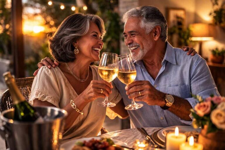 Casal de idosos comemorando momento especial após conquistar a aposentadoria por idade.