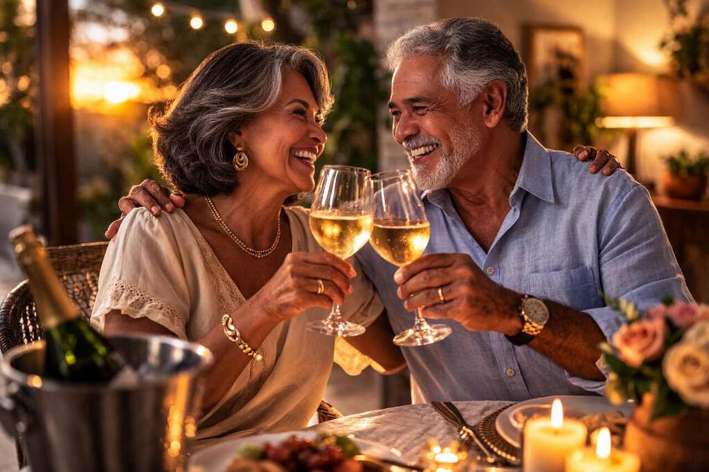 Casal de idosos comemorando momento especial após conquistar a aposentadoria por idade.