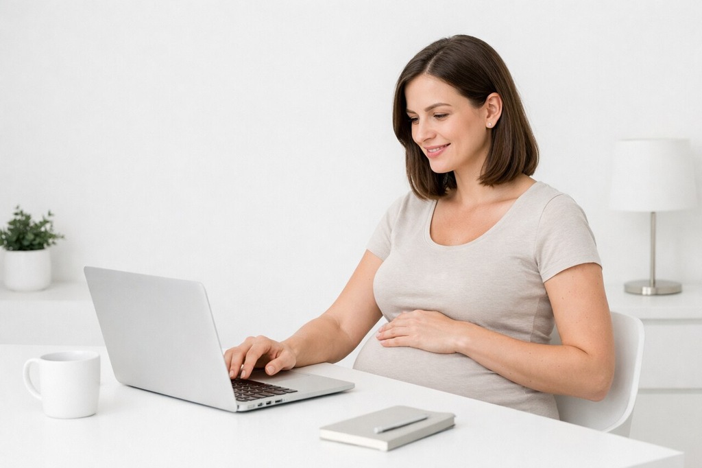 Mulher grávida, sentada, consultando no notebook informações sobre o auxílio-maternidade MEI.
