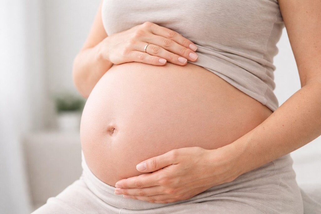 Gestante, que busca auxílio-maternidade MEI, com as mãos sobre a barriga.