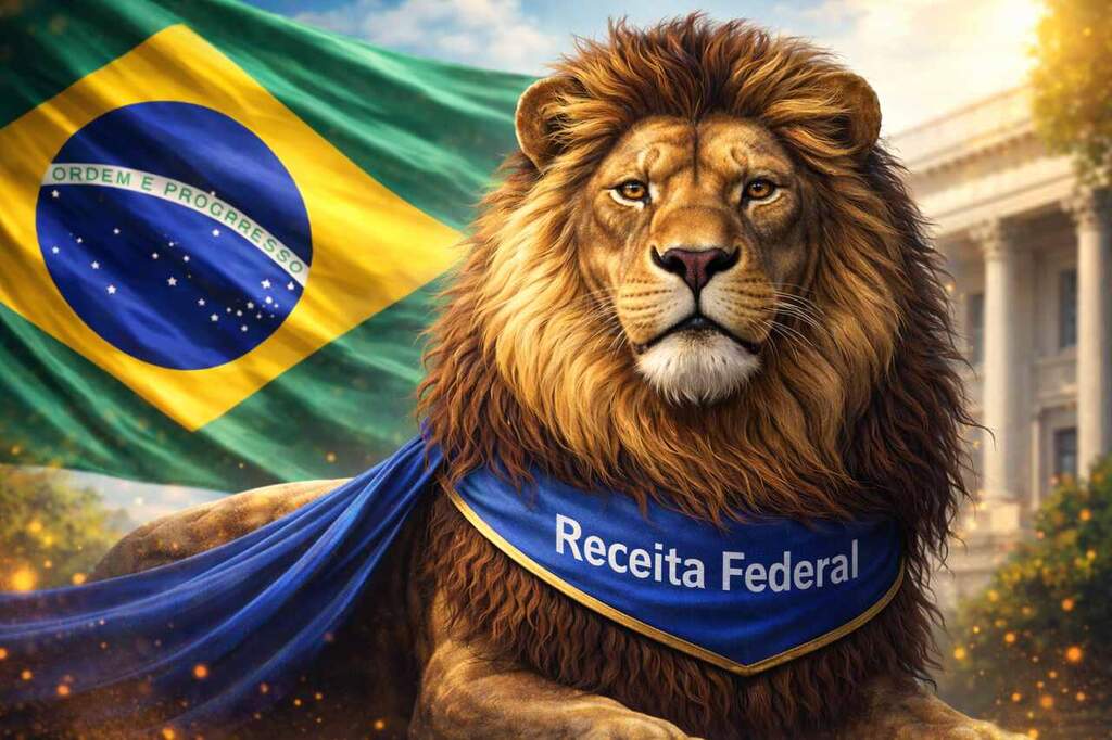 Representação da Receita Federal com leão e bandeira do Brasil, simbolizando regras sobre Isenção de Imposto de Renda por câncer curado.