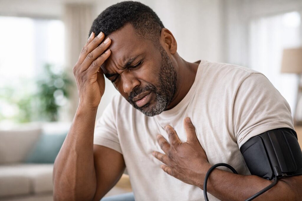 Homem com dor no peito e medindo a pressão arterial, representando situações de moléstia profissional e isenção de Imposto de Renda previstas na legislação.