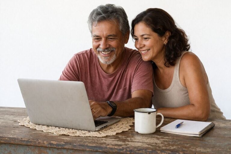 Homem e mulher sentados consultando no notebook informações sobre a isenção de Imposto de Renda por câncer curado.