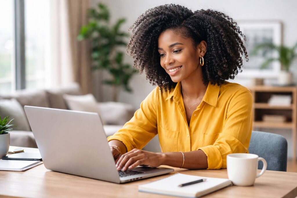 Mulher trabalhando no notebook em casa, simbolizando a pesquisa online sobre quanto tempo preciso pagar INSS para receber auxílio-maternidade e regras do benefício.