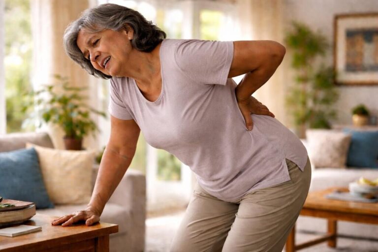 Mulher com dor lombar. Artrose e isenção de Imposto de Renda em casos de limitação física.