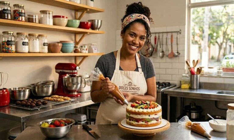 Confeiteira sorridente segurando um saco de confeitar em sua cozinha artesanal, representando a dúvida sobre qual o valor do salário-maternidade para empreendedoras e autônomas.