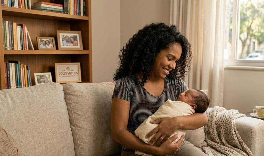Mulher sentada no sofá segurando carinhosamente seu bebê recém-nascido no colo, ilustrando o direito e a tranquilidade de saber qual o valor do salário-maternidade durante a licença.