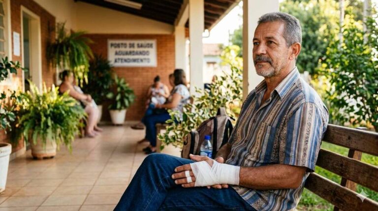 homem aguarda atendimento médico, após machucar a mão esquerda no trabalho, e precisará saber se auxílio-acidente é vitalício.