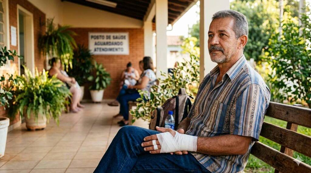 homem aguarda atendimento médico, após machucar a mão esquerda no trabalho, e precisará saber se auxílio-acidente é vitalício.
