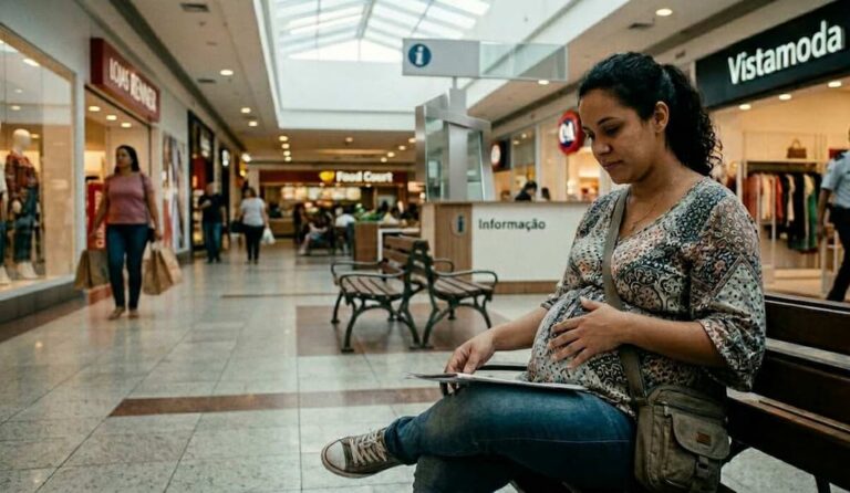Mulher grávida sentada em shopping usando celular, representando dúvidas sobre auxílio-maternidade e direitos durante a gestação.