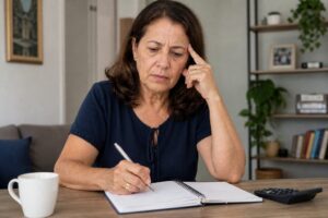 Mulher concentrada analisa papéis e usa notebook para conferir as regras de quem precisa declarar imposto de renda este ano.