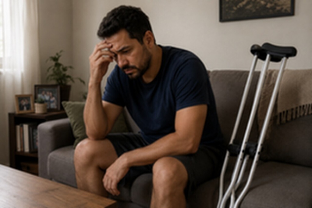Homem sentado no sofá com expressão de preocupação ao lado de muletas após ter o auxílio-acidente negado, representando as dificuldades enfrentadas após a negativa do benefício.