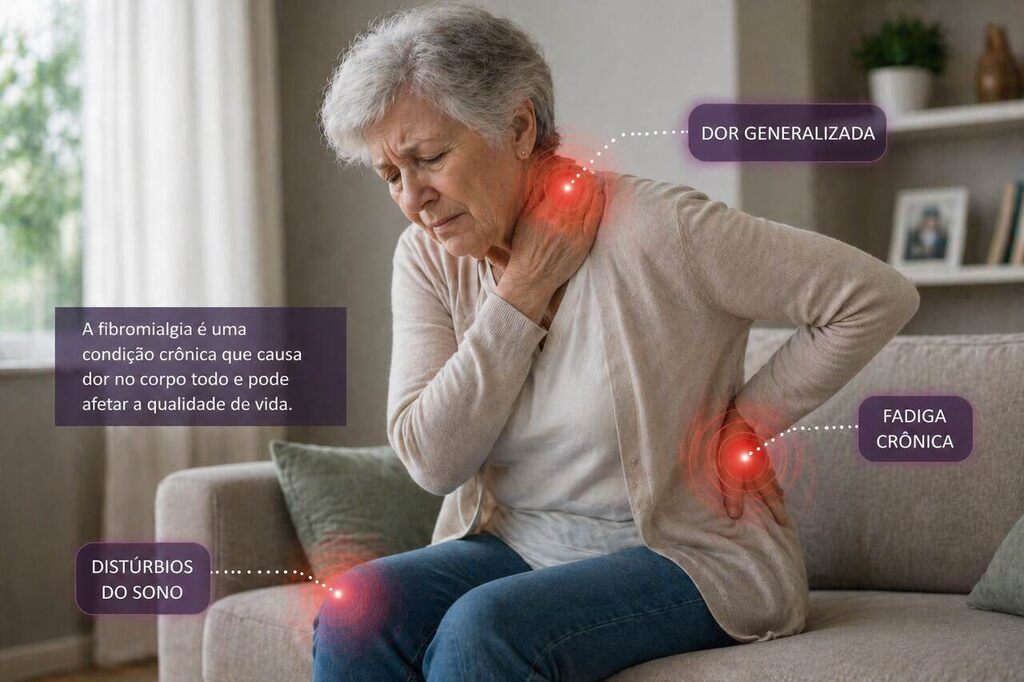 Mulher, aposentada, na sala de sua casa, sente dores intensas. Frequentemente, pensa se há isenção de Imposto de Renda por fibromialgia.