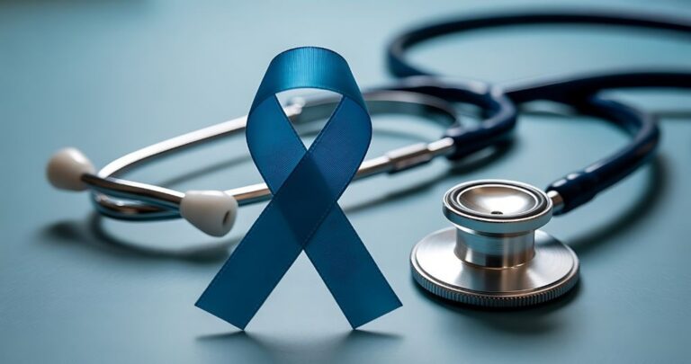 Laço azul metálico, símbolo do Novembro Azul e da conscientização sobre o câncer de próstata, em primeiro plano sobre uma superfície azul clara ao lado de um estetoscópio médico desfocado ao fundo.