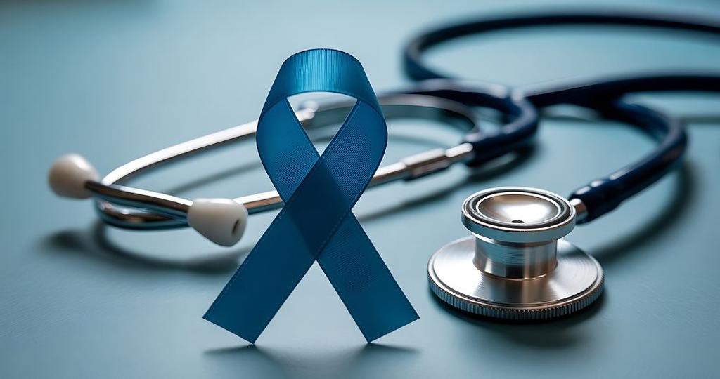 Laço azul metálico, símbolo do Novembro Azul e da conscientização sobre o câncer de próstata, em primeiro plano sobre uma superfície azul clara ao lado de um estetoscópio médico desfocado ao fundo.