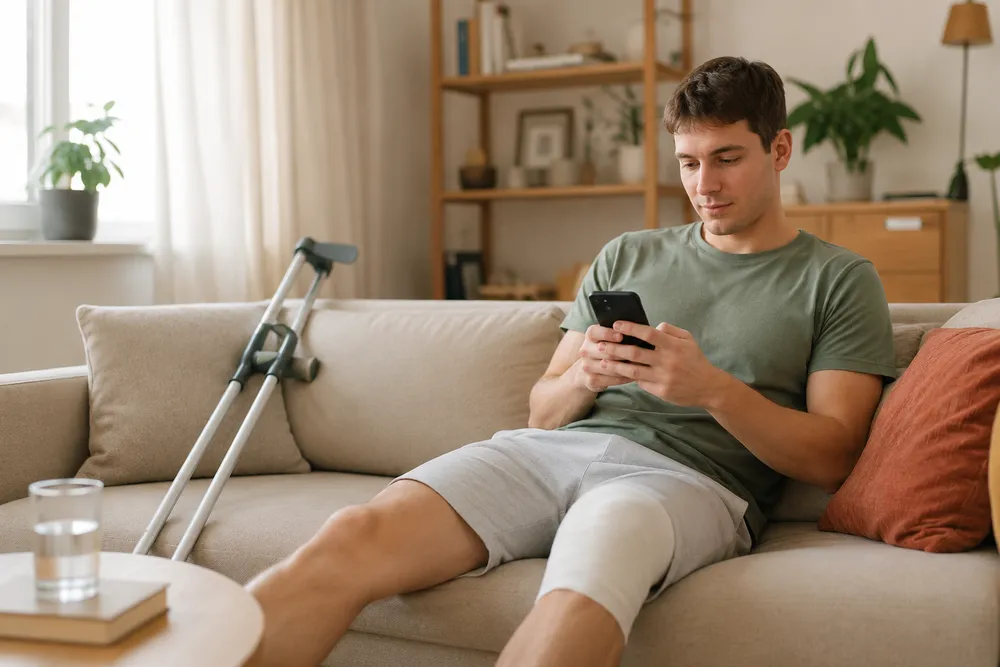 Homem com perna lesionada consulta o celular durante afastamento por auxílio-acidente e auxílio-doença.