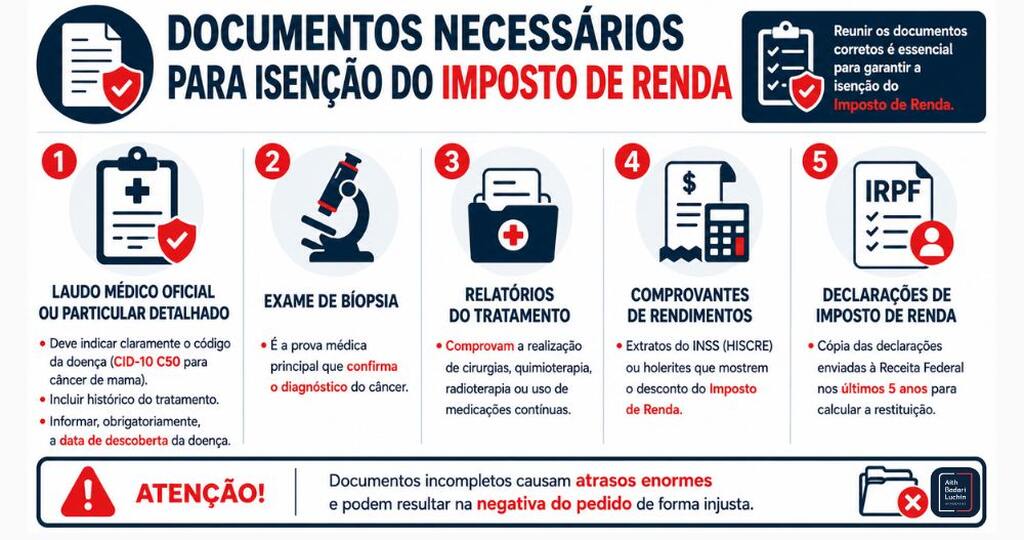 Infográfico detalhando os 5 documentos necessários para pedir isenção do Imposto de Renda.
