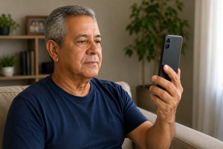 Aposentado consulta pelo celular informações sobre como fazer a biometria do INSS.