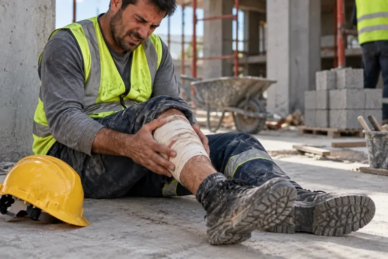 Trabalhador da construção civil com lesão na perna ilustra CAT acidente de trabalho.