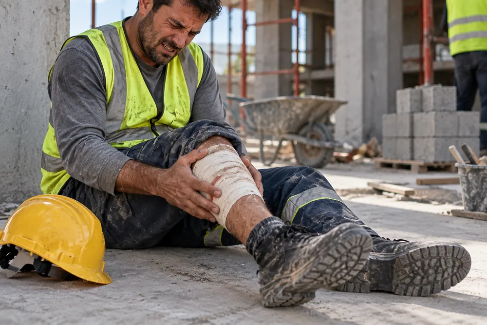 Trabalhador da construção civil com lesão na perna ilustra CAT acidente de trabalho.
