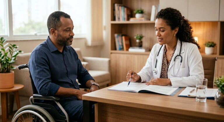 Pessoa com deficiência em consulta médica, buscando informações sobre como conseguir laudo PCD.