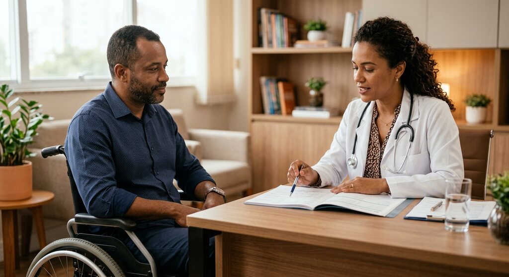 Pessoa com deficiência em consulta médica, buscando informações sobre como conseguir laudo PCD.