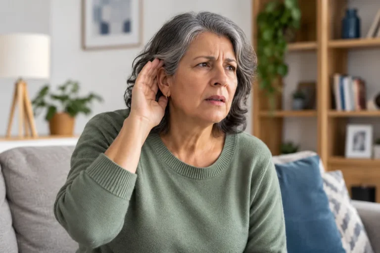 Mulher madura com dificuldade auditiva, possível manifestação de deficiência sensorial.
