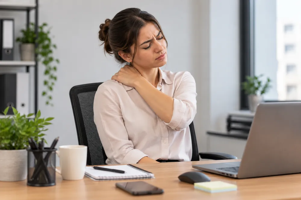 Mulher com dor no pescoço durante o trabalho representa possível doença ocupacional.