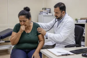 Médico examina paciente com doenças crônicas que dão direito à aposentadoria durante avaliação clínica.