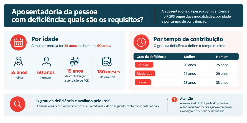 Infográfico sobre aposentadoria da pessoa com deficiência e requisitos do INSS.