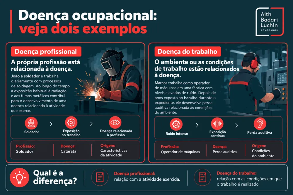 Infográfico sobre doença ocupacional compara doença profissional e doença do trabalho.