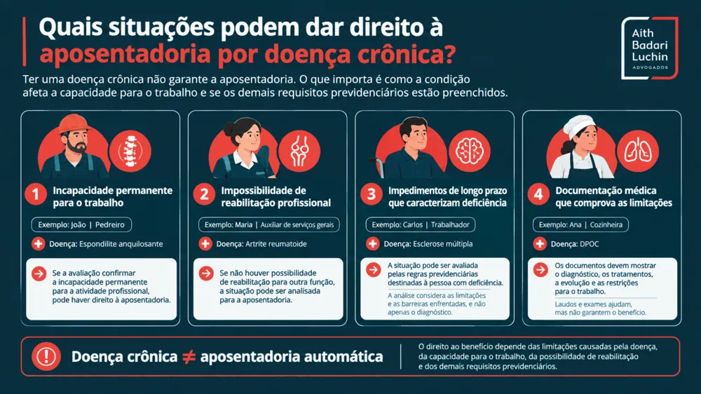 Infográfico explica situações de doenças crônicas que dão direito à aposentadoria por incapacidade.