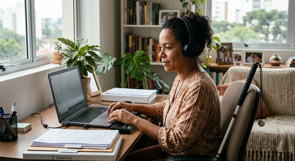 Pessoa com deficiência usando computador em casa, pesquisando como conseguir laudo PCD.
