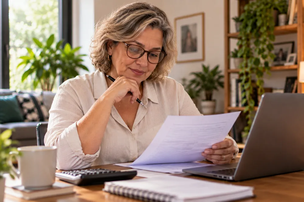 Mulher analisando documentos em casa para entender os requisitos da aposentadoria PCD para mulher.