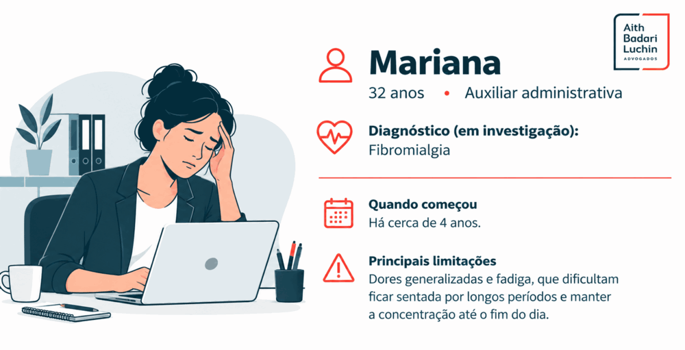 Auxiliar administrativa com dores e fadiga no trabalho, ilustrando aposentadoria PcD fibromialgia.