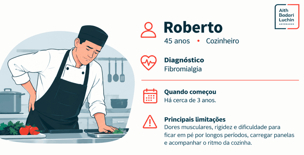 Cozinheiro com fibromialgia e dores durante o trabalho, ilustrando aposentadoria PcD fibromialgia.