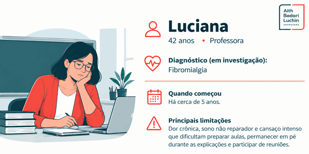Professora com fibromialgia e cansaço na rotina profissional, em conteúdo sobre aposentadoria PcD fibromialgia.