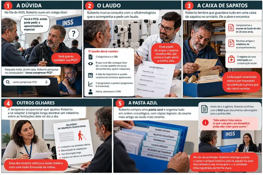 História em quadrinhos sobre como comprovar PCD com laudos médicos, exames e documentos para aposentadoria no INSS.