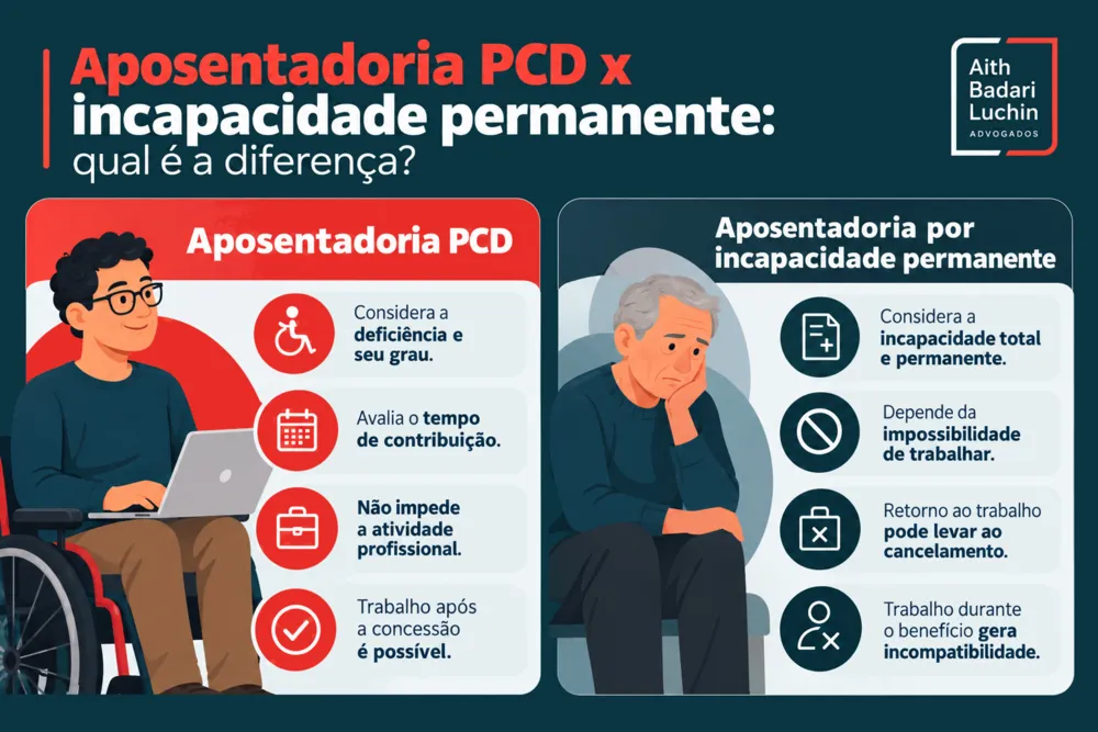 Infográfico diferencia aposentadoria PCD e aposentadoria por incapacidade permanente, incluindo possibilidade de trabalhar.