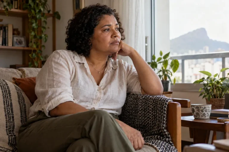 Mulher pensativa sentada no sofá, ilustrando dúvidas sobre isenção de imposto de renda por câncer retroativo.
