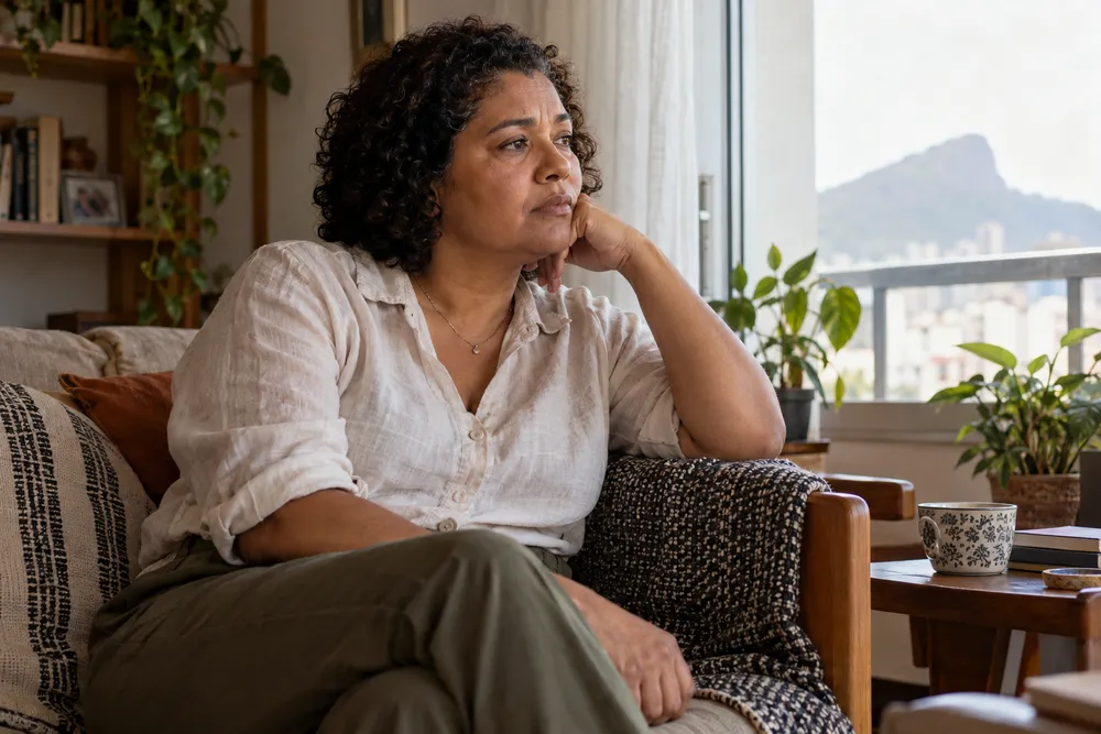 Mulher pensativa sentada no sofá, ilustrando dúvidas sobre isenção de imposto de renda por câncer retroativo.