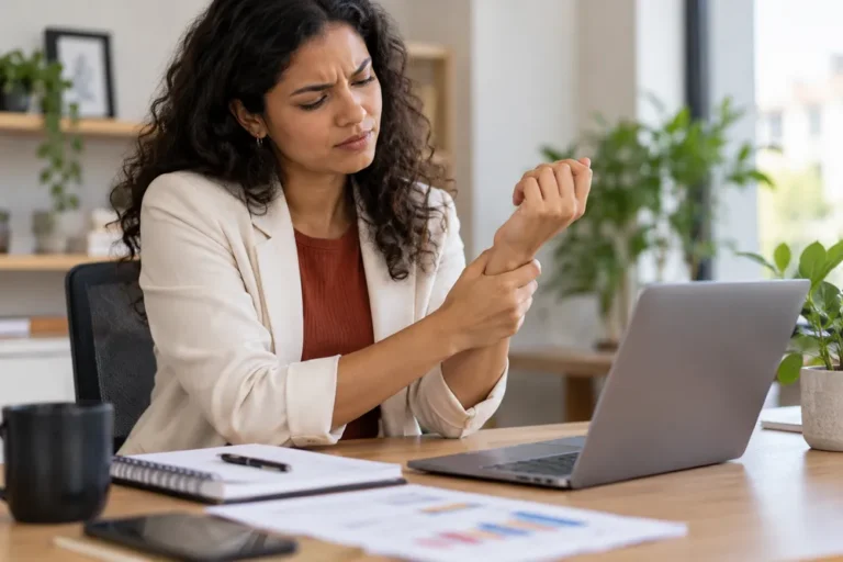 Mulher sente desconforto no punho diante do notebook, situação relacionada à LER/DORT no trabalho.