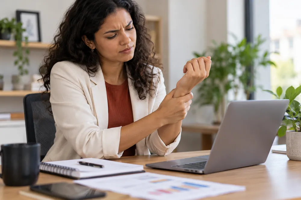 Mulher sente desconforto no punho diante do notebook, situação relacionada à LER/DORT no trabalho.